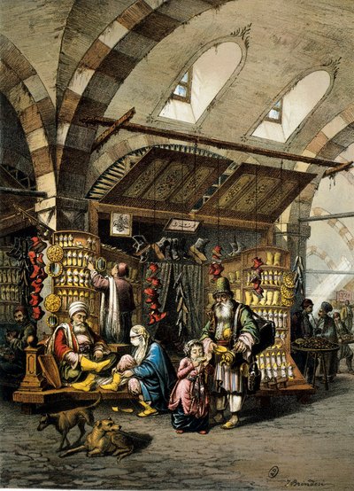 The Bazaar of Constantinople, colour lithograph by Unbekannt