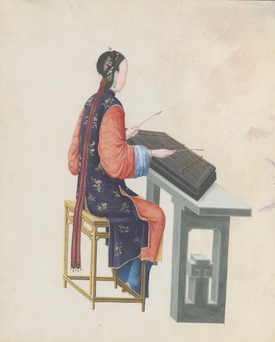 Watercolour of musician playing yangqin by Unbekannt