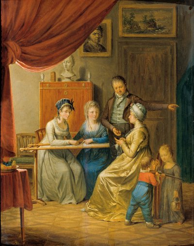 Family with Two Women at the Embroidery Frame by Unbekannter Künstler