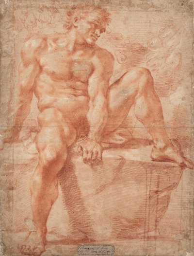 Male Nude, Sitting on Stone by Unbekannter Künstler