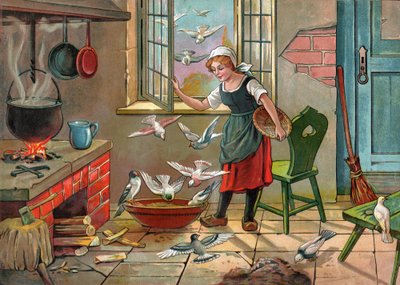 Peasant Girl with Pigeons by Unbekannter Künstler