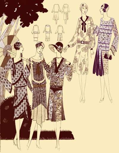 Printed fashion dresses in spring 1928 by Unbekannter Künstler