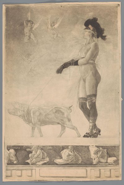 Blindfolded Naked Woman Led by a Pig by Unknown