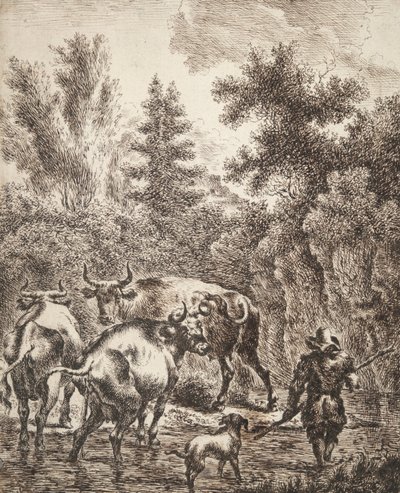 Peasant Fording Stream with Cattle and Dog by Unknown