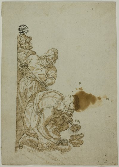 Three Men, One Bending Over Vessels by Unknown