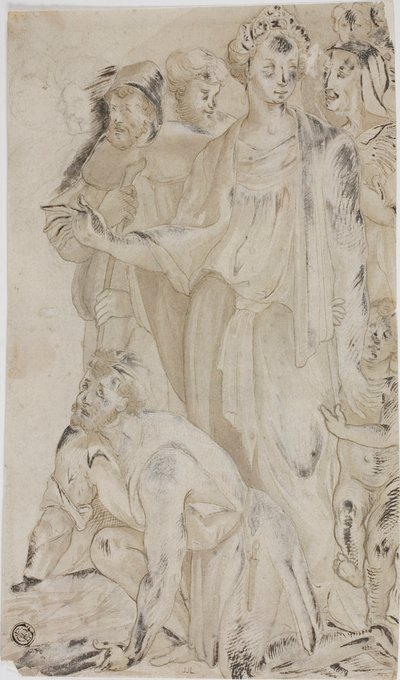 Woman and Nude Young Boy Surrounded by Figures by Unknown