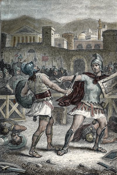 Battle between Horatii and Curiatii. Engraving by Unknown artist