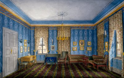 Dayroom with blue wallpaper and garlands by Unknown artist