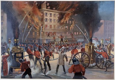 Fire and firefighters in New York by Unknown artist