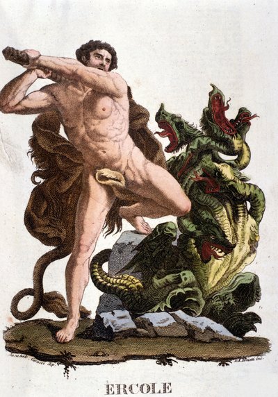 Hercules slaying the Hydra of Lerna - engraving by Unknown artist
