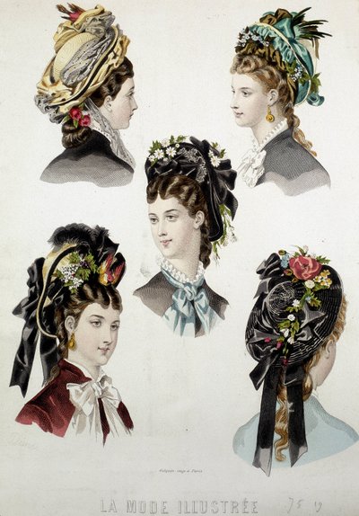 Ladies hairstyles - engraving, late 19th century by Unknown artist