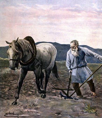 Tolstoy plowing. Engraving late 19th century. by Unknown artist