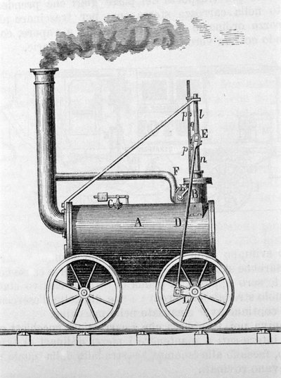 Trevithick locomotive. 19th century engraving by Unknown artist