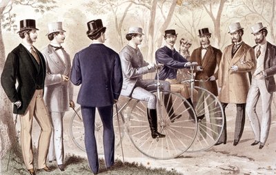 Bicycle ride. Engraving. 1870 by Unknown artist