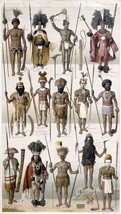 Different costumes of Warriors of Oceania. by Unknown artist