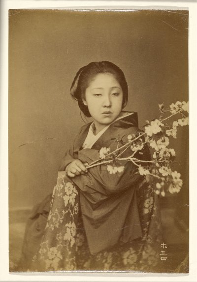 [Japanese Woman Holding Blossoming Prunus Branch] by Unknown artist