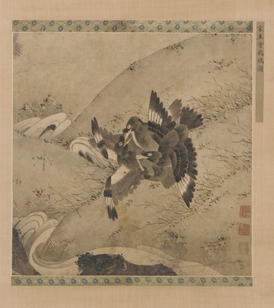 Squabbling Mynas above a Brook by Unknown artist