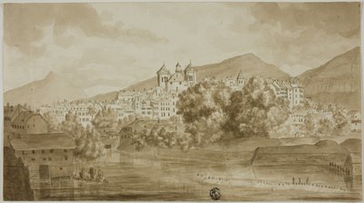 View of Town Overlooking River by Unknown artist