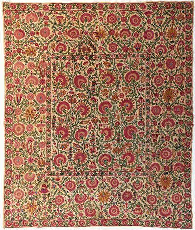 A susani embroidered in couched silks by Uzbek School