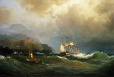 A Frigate Clawing Off a Rocky Coast by Vilhelm Melbye