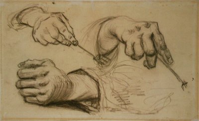 Study, Three Hands, Two Holding Forks by Vincent van Gogh