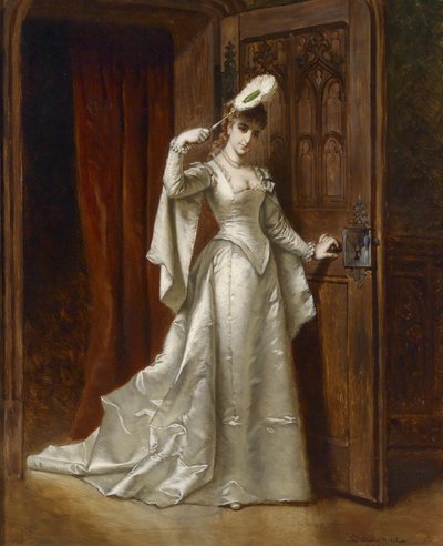 Elegant Lady in White Damask Dress by Władysław Bakałowicz