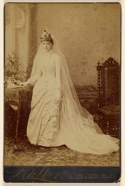 Unidentified Woman in Wedding Gown, Standing by Walker