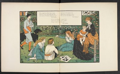 A family in a garden by Walter Crane