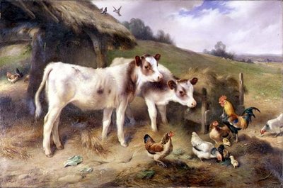 Calves and Poultry Outside a Barn by Walter Hunt