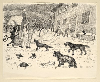 Nicholas and Krampus in Landscape with Children by Walther Gamerith