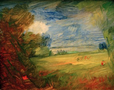 Hilly Meadow Landscape with Red Figure by Wilhelm Busch