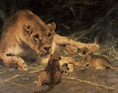 A Lioness and Her Cubs by Wilhelm Kuhnert