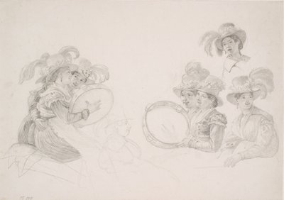 Roman Women Playing Tambourines with High Feathered Hats by Wilhelm Marstrand