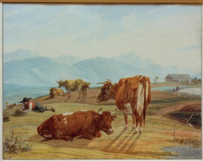 Grazing Cows in Front of a Mountain Landscape by Wilhelm von Kobell