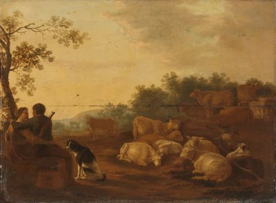 Landscape with Shepherd, Shepherdess and Cattle by Willem Ossenbeeck