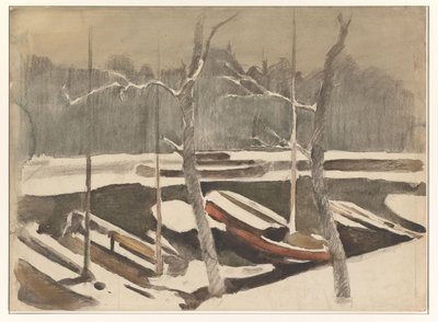 Moored Boats on a Snowy Canal by Willem Arnoldus Witsen