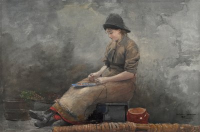 A Fishergirl Baiting Lines by Winslow Homer