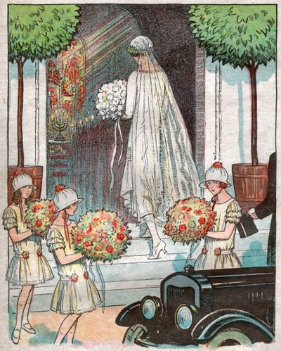Bride entering the church by . .