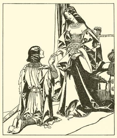 Sir Launcelot greets Queen Guinevere by after Howard Pyle