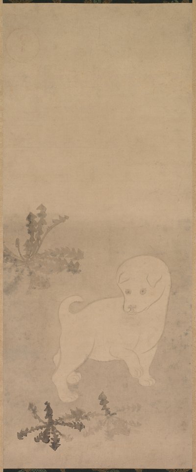 Puppy with Dandelions by studio of Tawaraya Sōtatsu