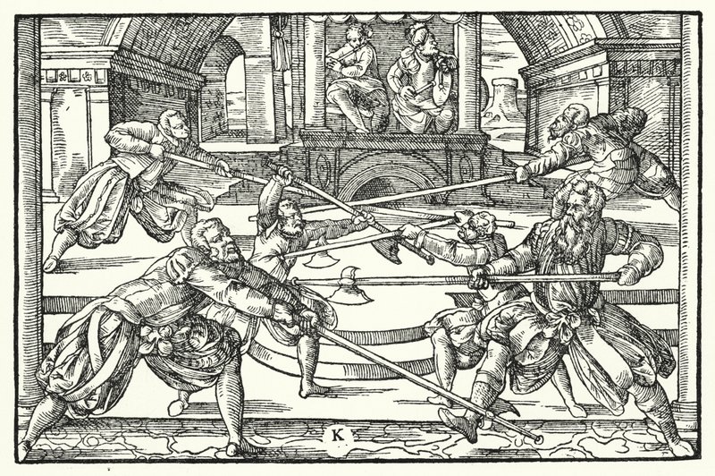 Fencing scene by German School