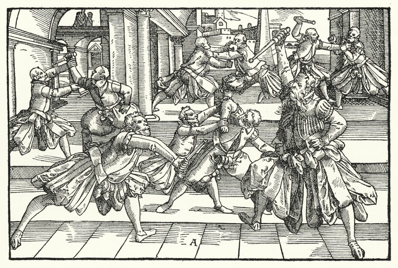 Fencing scene by German School